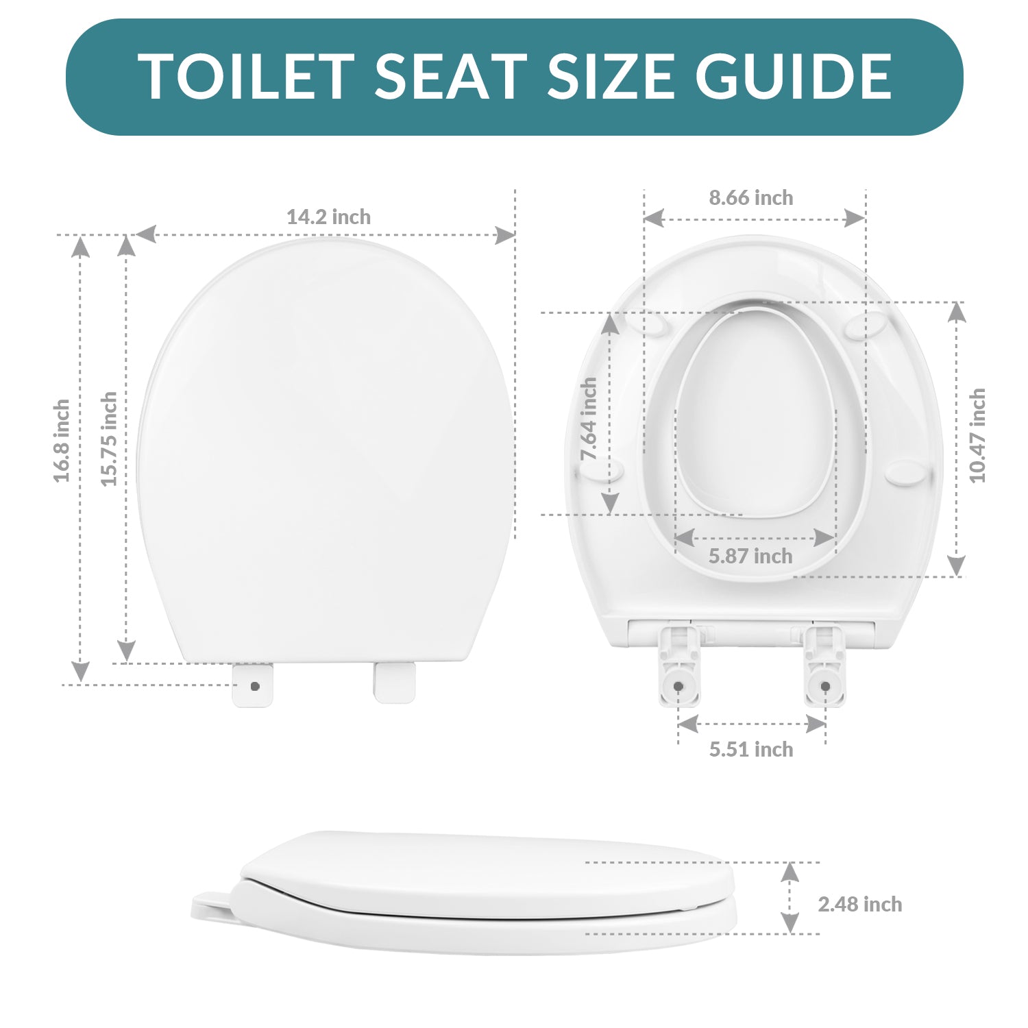 Elongated Toilet Seat with Slow Close Seat, Easy Clean, Suitable Standard Elongated or Oval Toilet with Thickened Plastic Lid, Plastic, White